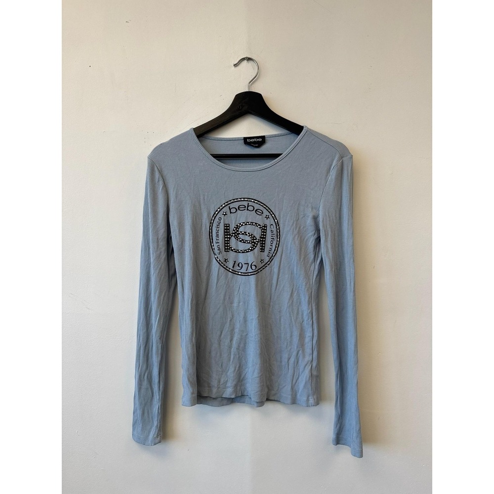 Bebe Shirt Womens Medium‎ Light Blue Ribbed Long Sleeve Logo Graphic Top Y2K